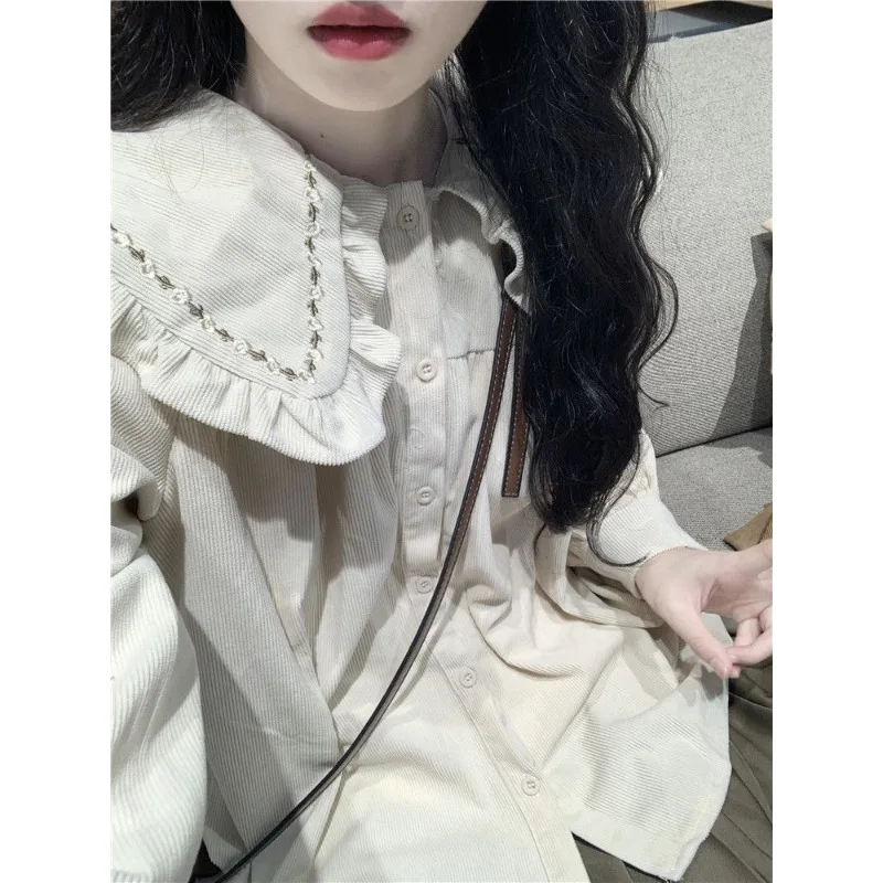 QWEEK Kawaii Vintage Preppy Shirt Japanese Style Sweet Peter Pan Collar Long Sleeve Blouse Youthful Cute Odzież Damska Jesień