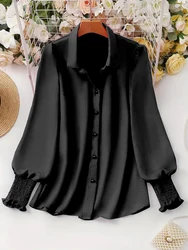 Plus Size 2025 Spring and Summer New Women's Casual Puff Sleeve Blouse Solid Color Suitable for Office Outdoor Single Breasted