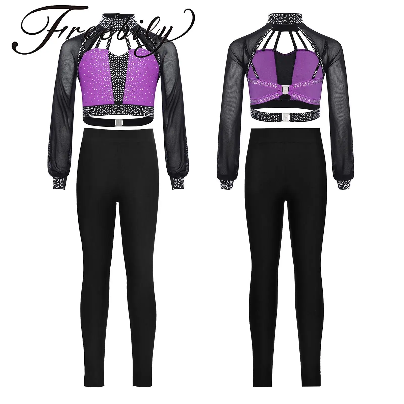 

Kids Girls Ballet Dance Outfit Sheer Mesh Long Sleeves Cutout Back Shiny Rhinestones Color Block Crop Top with Leggings