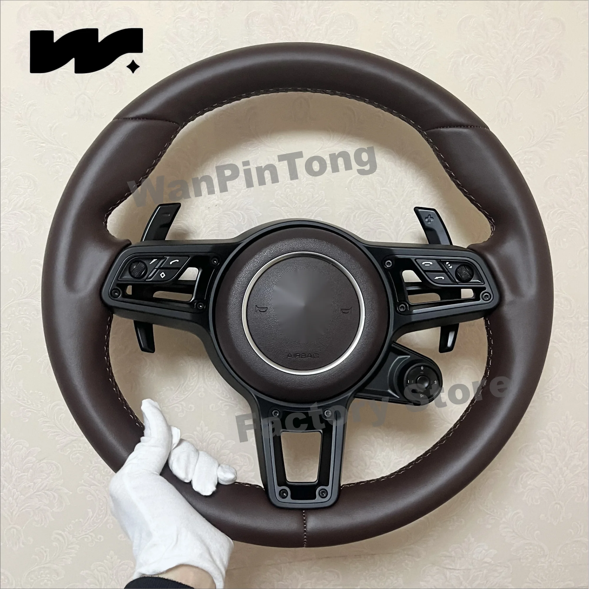 

Customized for Porsche, brown leather SC knob steering wheel, Cayenne Macan Boxster Cayman Taycan Panamera Carrera 718