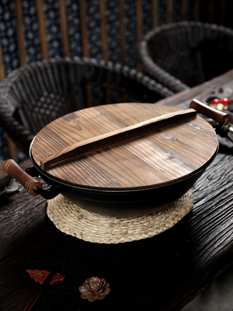 Durable Non Stick Frying Pan Wood Traditional  Cauldron Cast Iron Wok Hot Pot Cooking Sarten Antiadherentes Utensils Kitchen