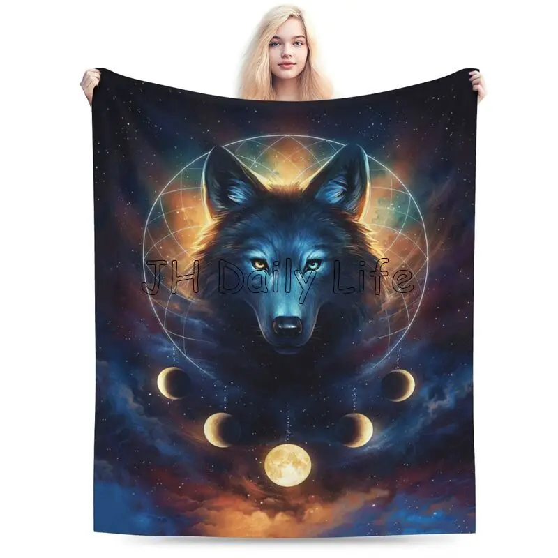 Cool Wolf Galaxy Moon Print Blanket Soft Warm Full Fleece Throw Blanket Flannel Fuzzy Travel Blankets Throws for Bed Sofa Picnic