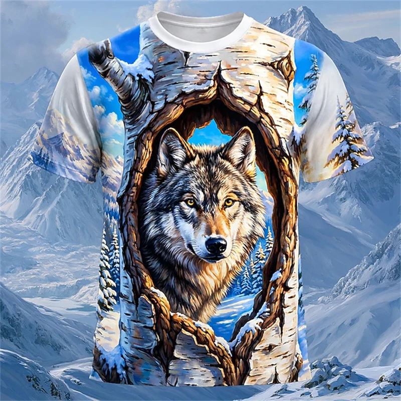 New Men's Fashionable Crew-Neck Short-Sleeve T-Shirt with Fierce Wolf Print Trendy Breathable and Quick-Drying Men's Top