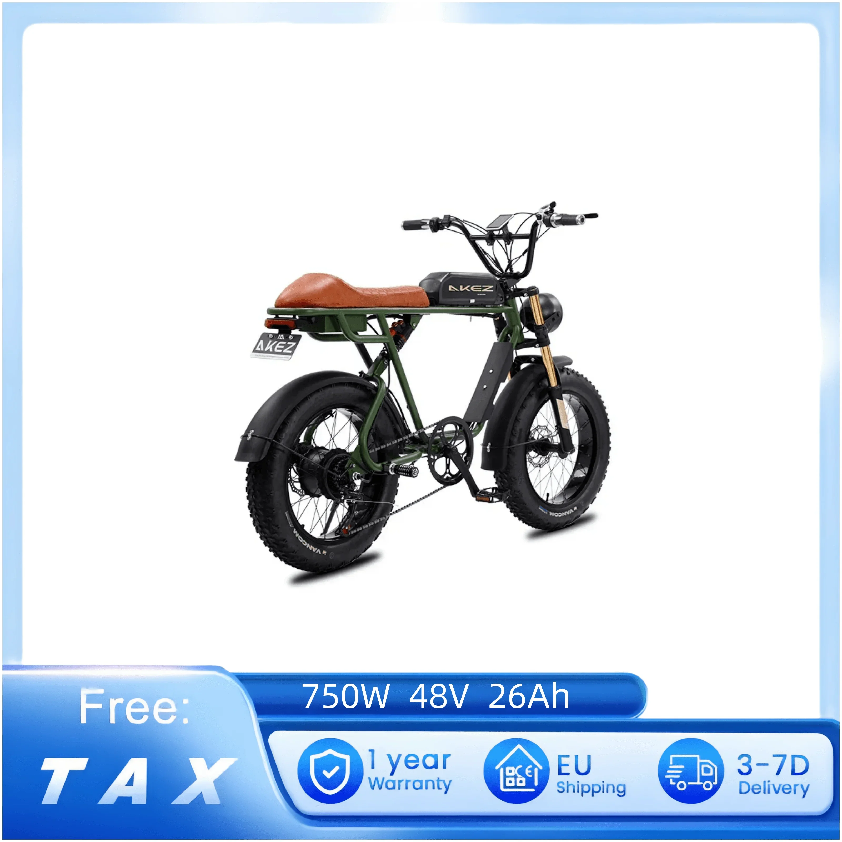 Akez 750W Mountain Electric Bike 48V26AH Lithium Battery Life 80KM Snow Ebike 20inch Fat Tire Mountain Off-road Electric Bicycle