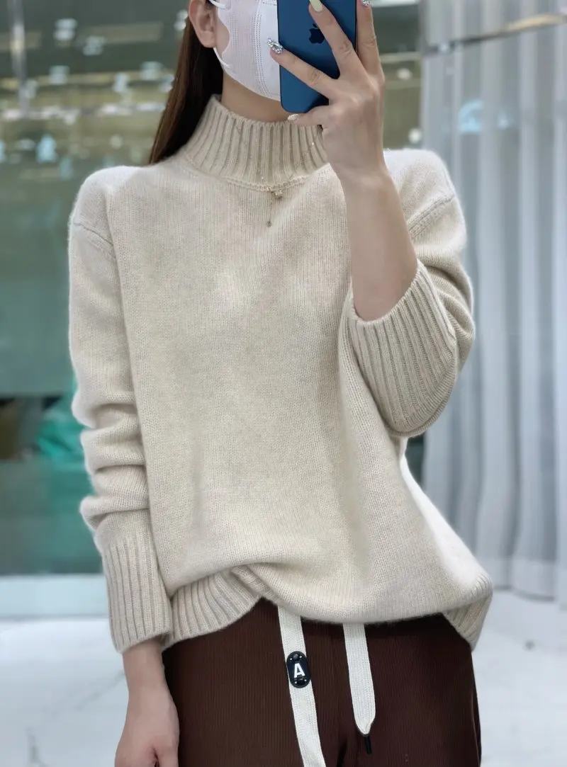 New European goods thick semi-high neck 100% pure cashmere sweater heavy female loose lazy knitting bottoming sweater