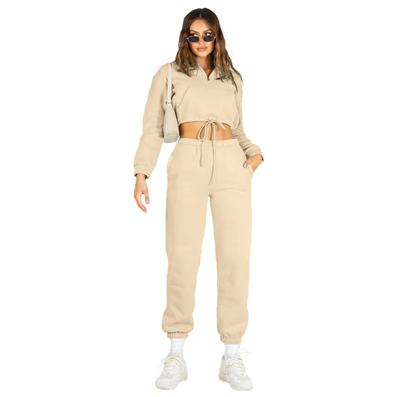 Autumn and Winter New Women's Solid Color 2024 Zipper Drawstring Crop Plus Fleece Hoodie Casual Sweatpants Suit Sports Style