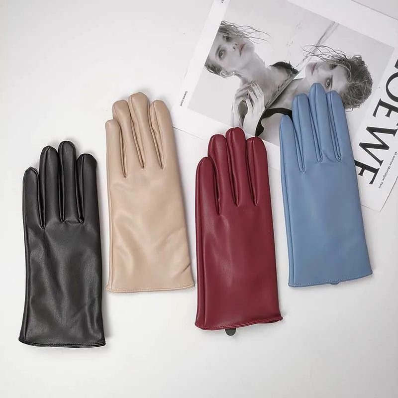 Winter Women PU Leather Plus Plush Thick Velvet Warm Driving Waterproof Glove Female Solid Sport Cycling Windproof Mitten O86