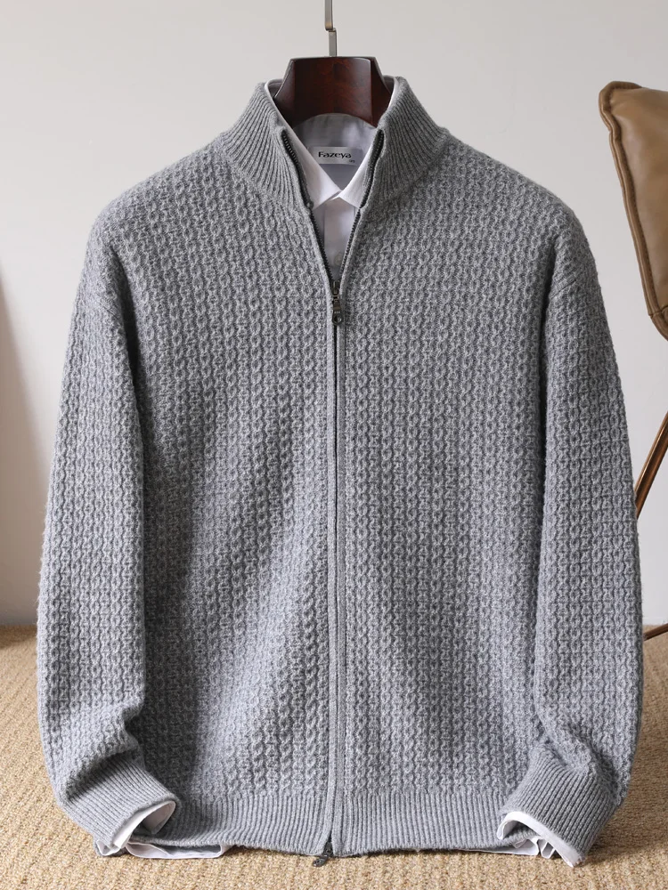 

Chic Men's Basic Simple Korean Style 100% Merino Wool Knitwear Twist Flower Mock Neck Sweater Tops Soft Warm Zipper Cardigan