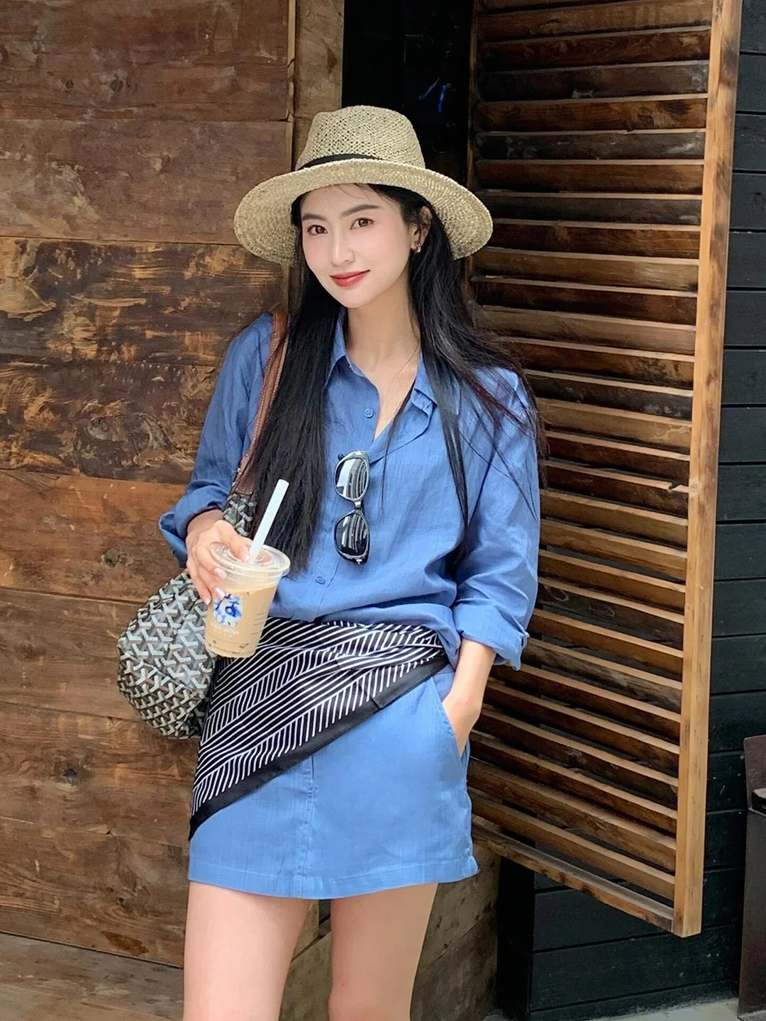 

Blue Cotton Linen Shirt Skirt Set Women's Summer Fashion Simple Elegance Linen Shirt Short Skirt Two Piece Set Classic Style
