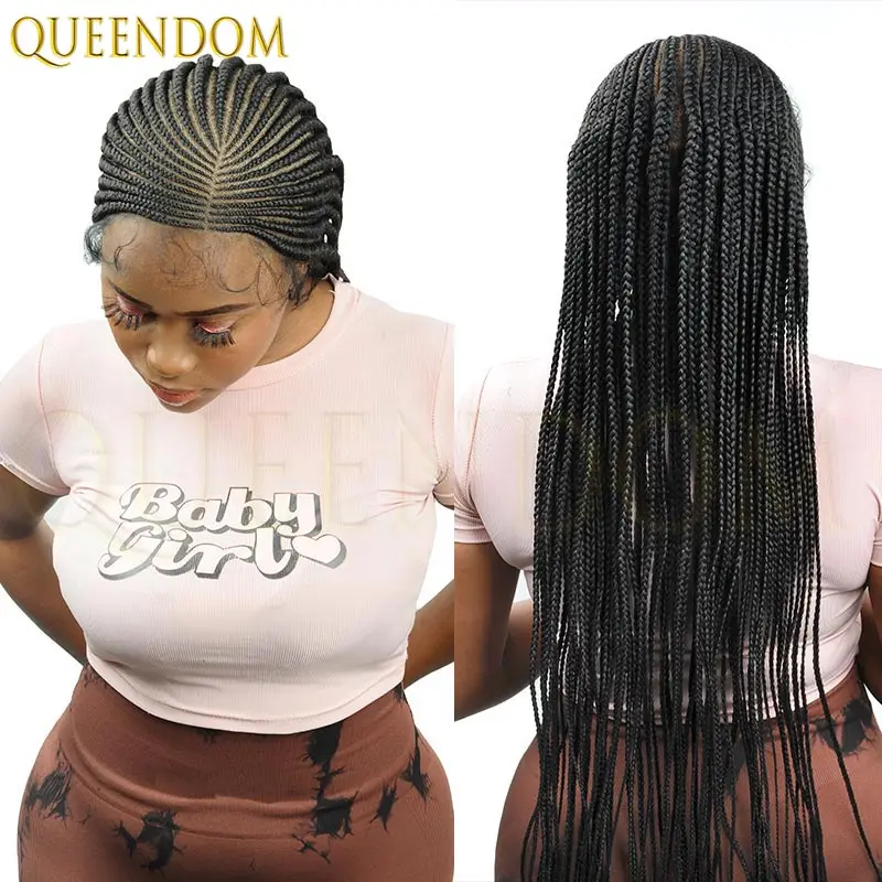 الاصطناعية الجانب جزء كامل الدانتيل كورنو شعر مستعار مضفر للنساء السود 36 بوصة Knotless صندوق جديلة شعر مستعار مع شعر الطفل للاستخدام اليومي