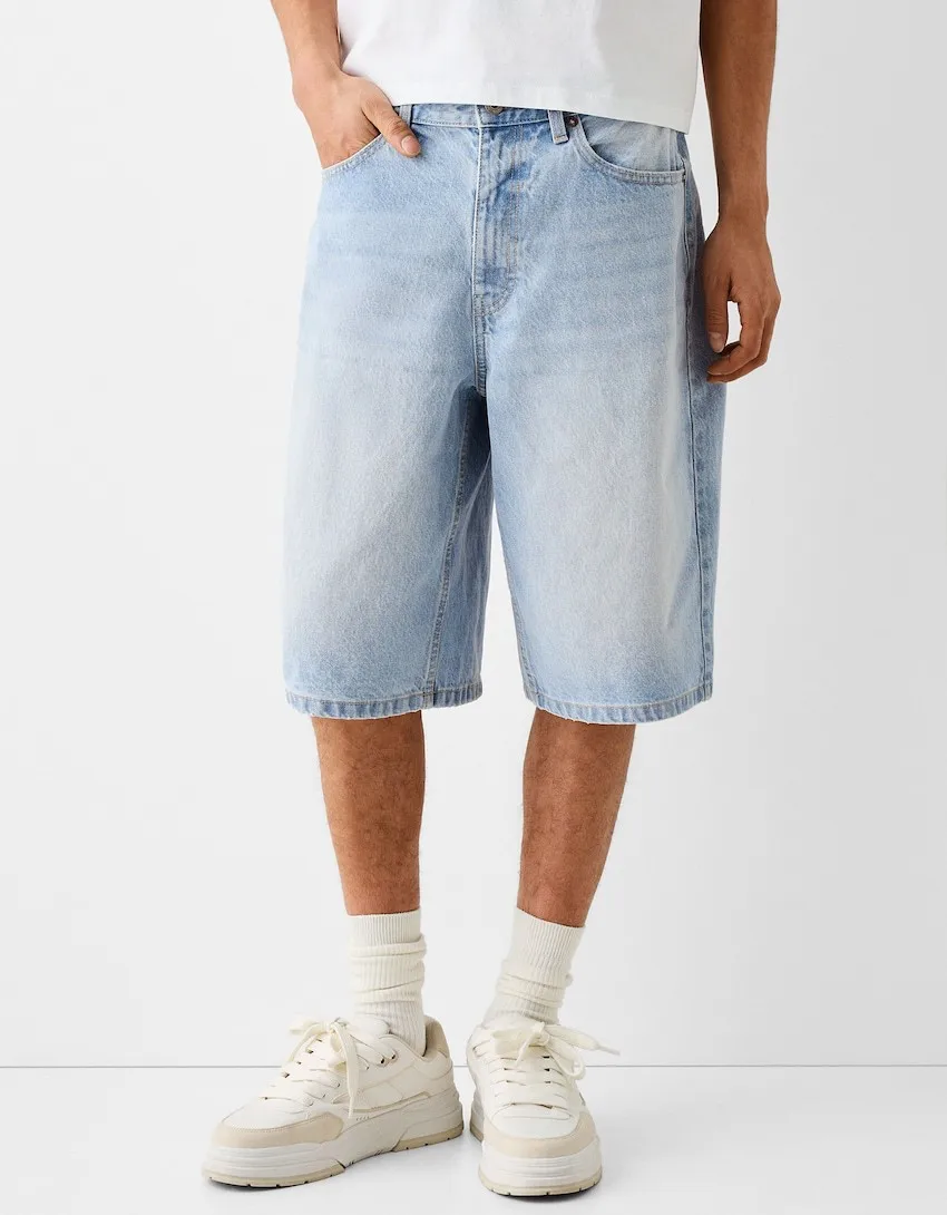 

Foufurieux Denim Shorts for Men Summer New Trendy High Street Loose Casual Straight Jeans Men Knee Length Shorts Cropped Pants