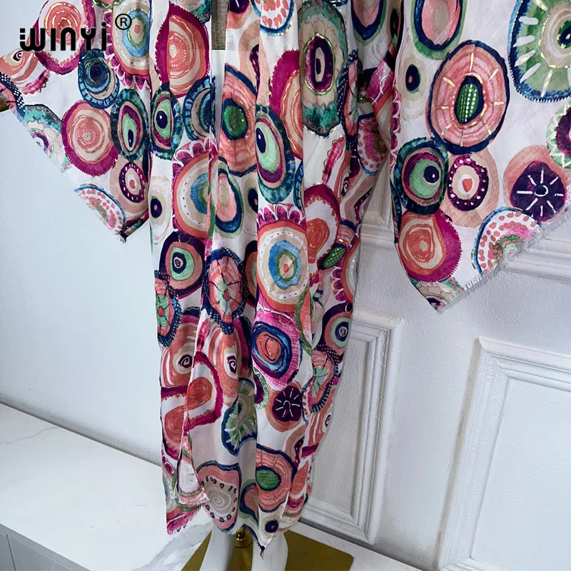 WINYI-Quimono de estampagem a quente feminino, Cardigã estampado verão, Kaftan feminino, Dubai, Luxo Praia Cobrir, Boho Vestuário, Vestido de festa