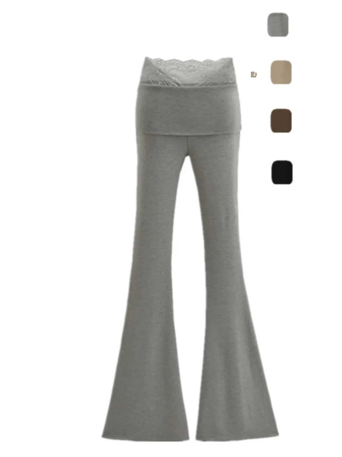 กางเกงขายาวทรงบานเอวสูงผ้าลูกไม้ผสมผสานดีไซน์วี ทรงสลิม ผ้าพลิ้ว สไตล์ลำลอง แฟชั่นสำหรับผู้หญิง