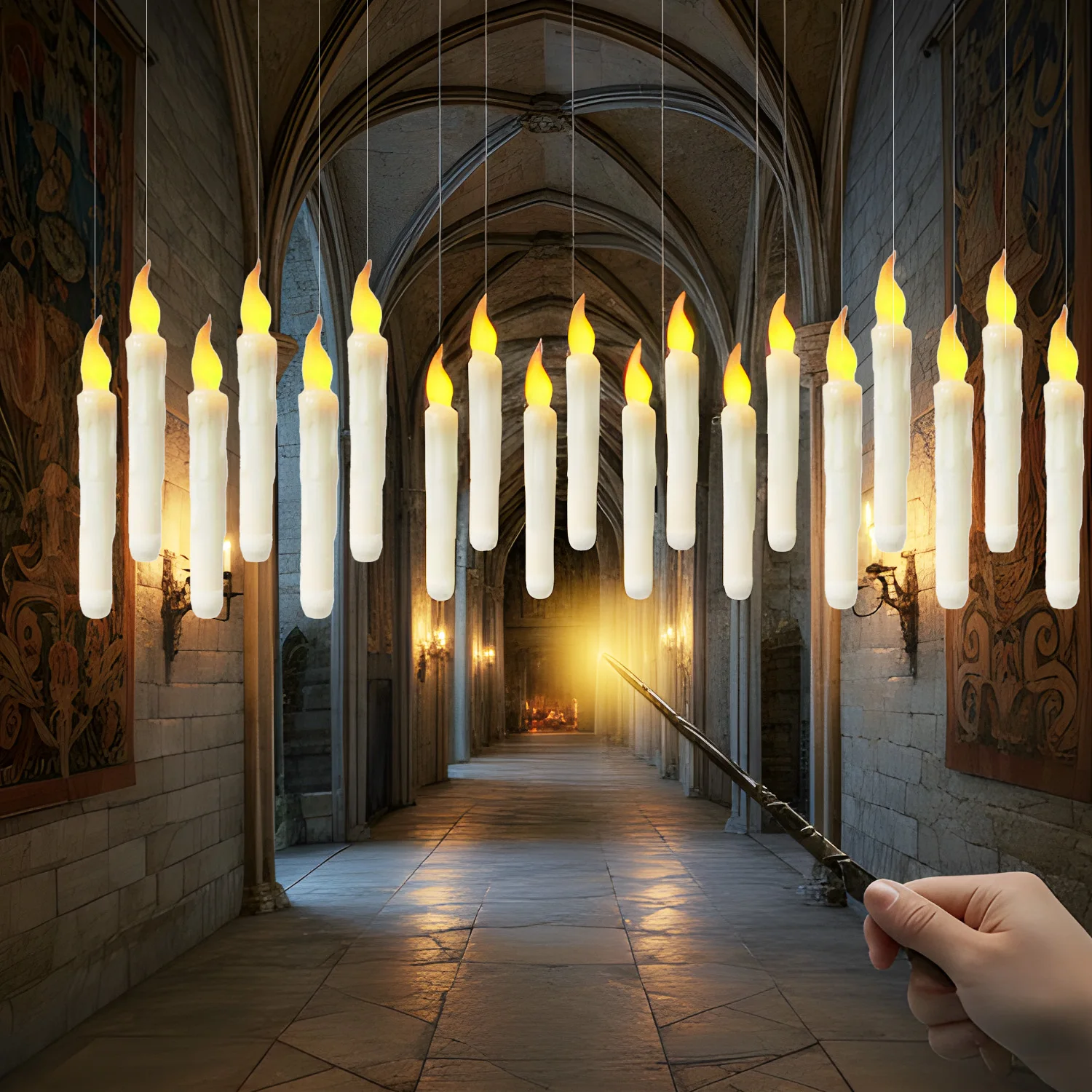 12Pcs Hanging Floating Candles with Magic Wand Remote Flameless Battery Operated Warm Light Halloween Christmas Birthday Decor