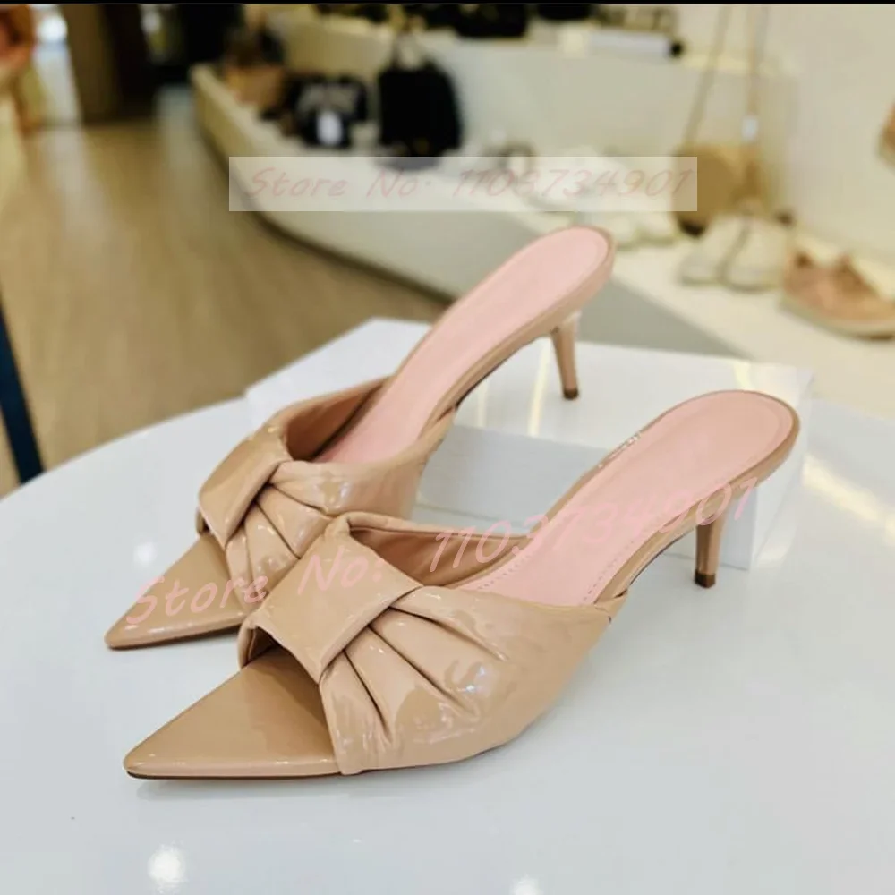 Pleated Peep Toe Mid Heel Mules Women Stylish Pointy Toe Shallow Casual Solid Slippers Female Sexy Classy Outdoor Stiletto Shoes