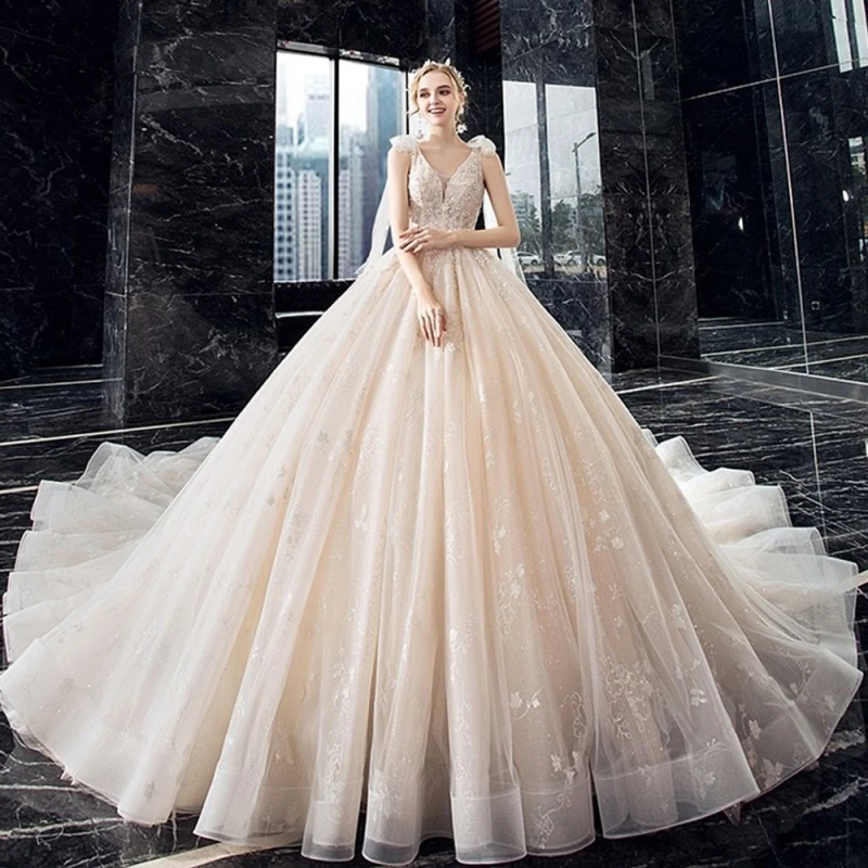 Supper Gorgeous Shiny Crystal Lace Ball Gown Wedding Dress Wih Chapel Train V-neck Bow Shoulder Princess Bridal Dresses