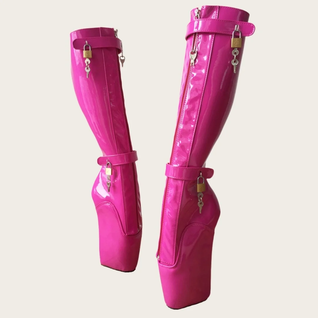 Women's Hot Pink Patent Leather Platform Ballet Heel Boots Lace-Up Front Lock Detail Knee-High Design Bold Edgy Style Outfits