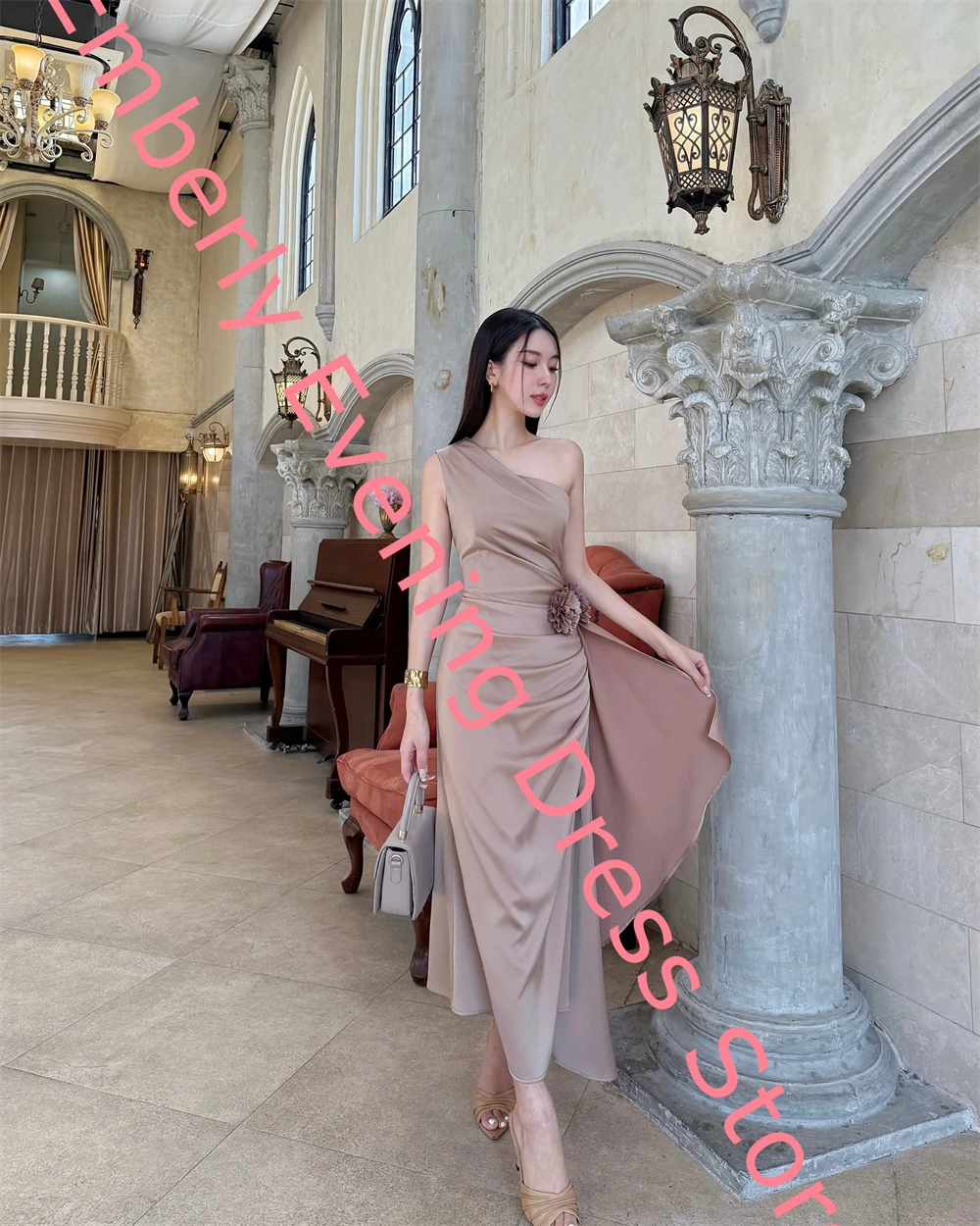 Personalizado sereia gracioso cetim vestido de noite temperamento um ombro sem mangas vestido de festa moda chá comprimento celebridade gow