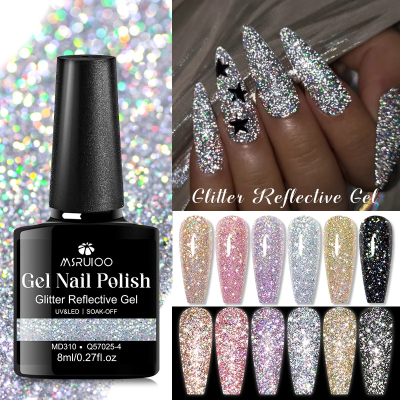 MSRUIOO 8ml Glitter Sparkly เล็บเจลทองเงินสีชมพู Long Lasting Soak Off UV/LED เจลเล็บสําหรับเล็บการออกแบบเล็บ