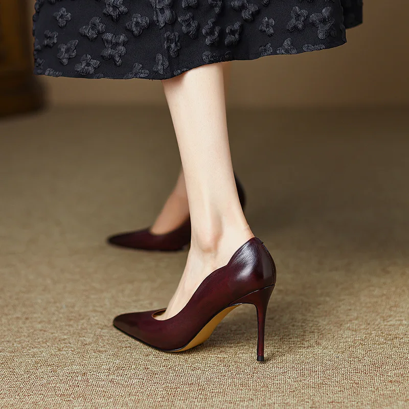 

High quality high heels slim heels genuine leather sexy French style shallow mouth pointed fashion office women's shoes