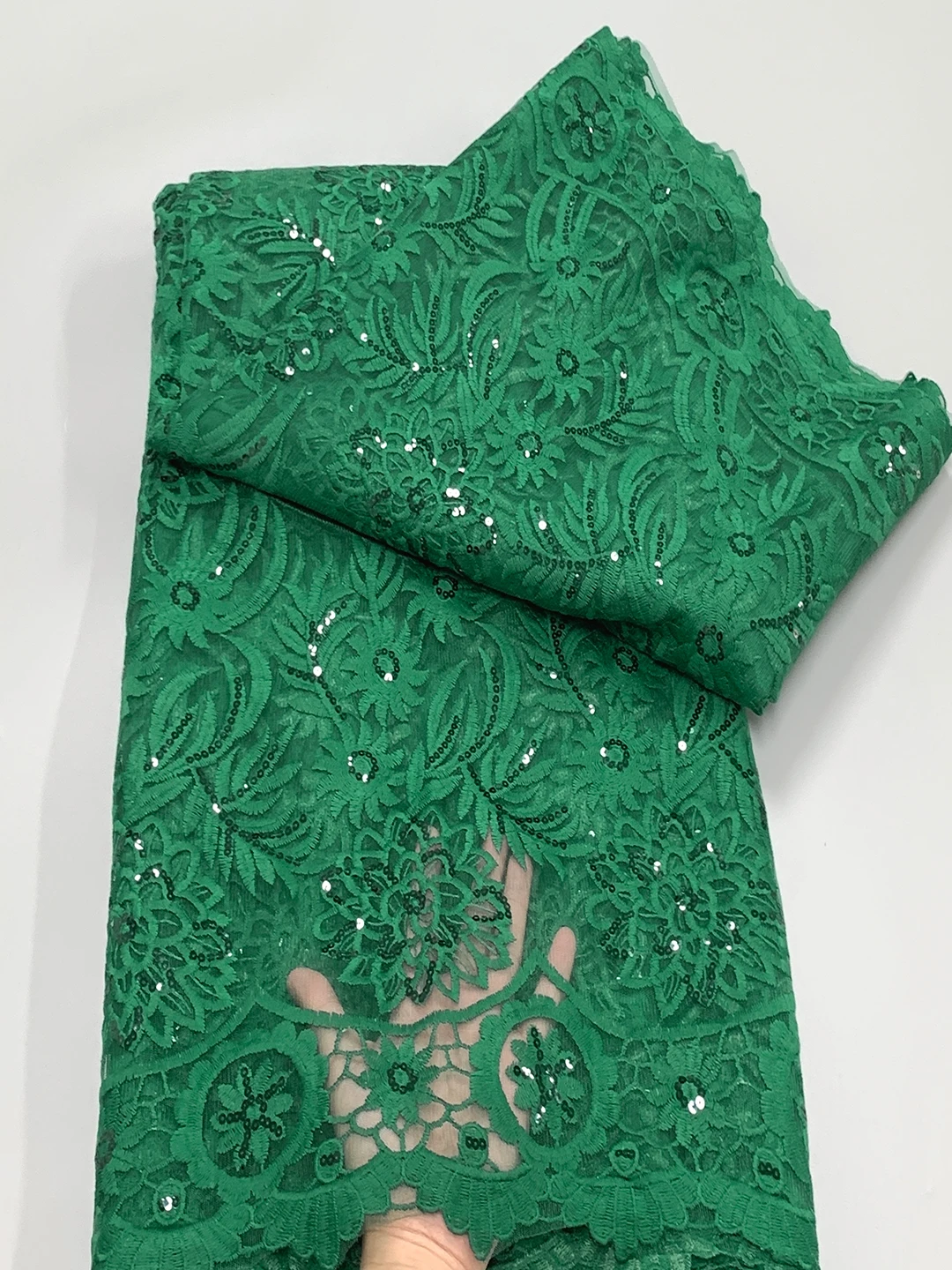 Green African Milk Silk Lace Fabric 2024 High Quality French Sequins Embroidery Net Lace Fabric For Women Christmas Dress Sew