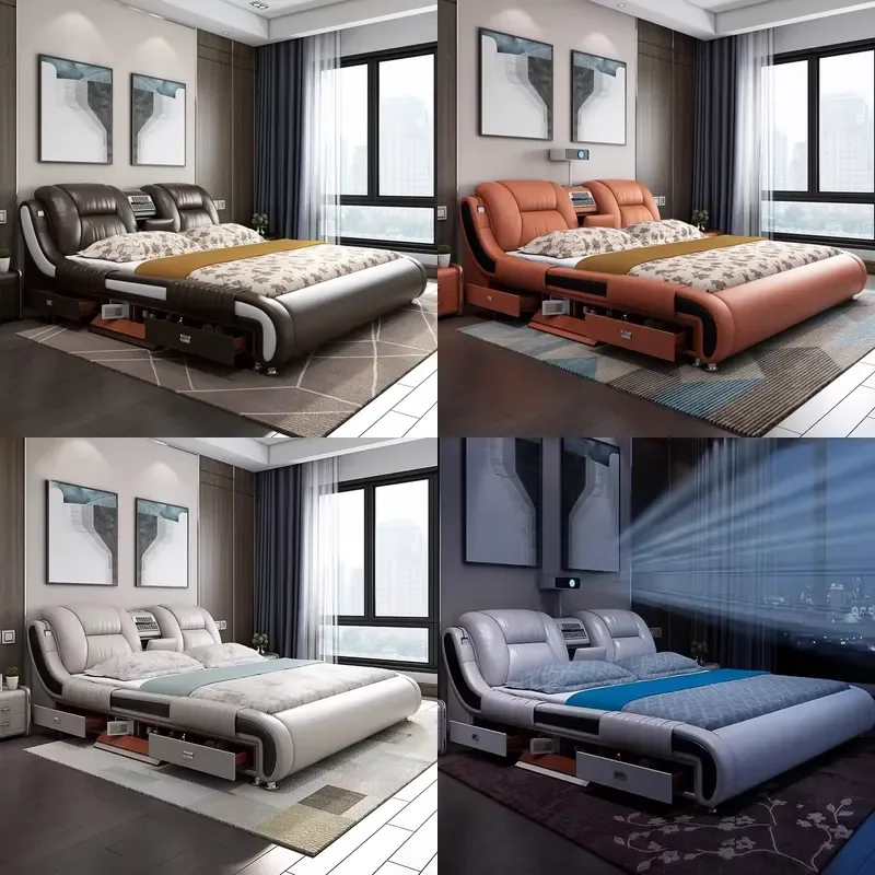 Modern Leather Bed Hot Sale High End Multifunctional Smart Bed With Massage and Projector TV Home Funiture