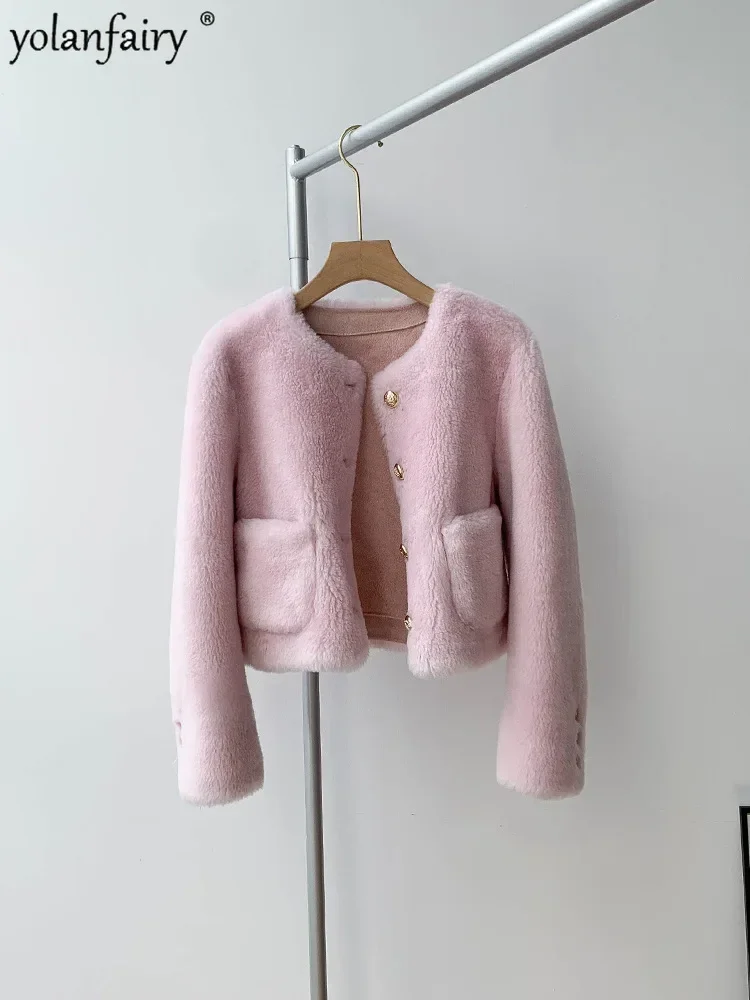 معطف فرو حلو من YOLANFAIRY معاطف شتوية قصيرة برقبة دائرية للنساء 30% فرو مركب من الصوف سترة فرو متكاملة ملابس عصرية