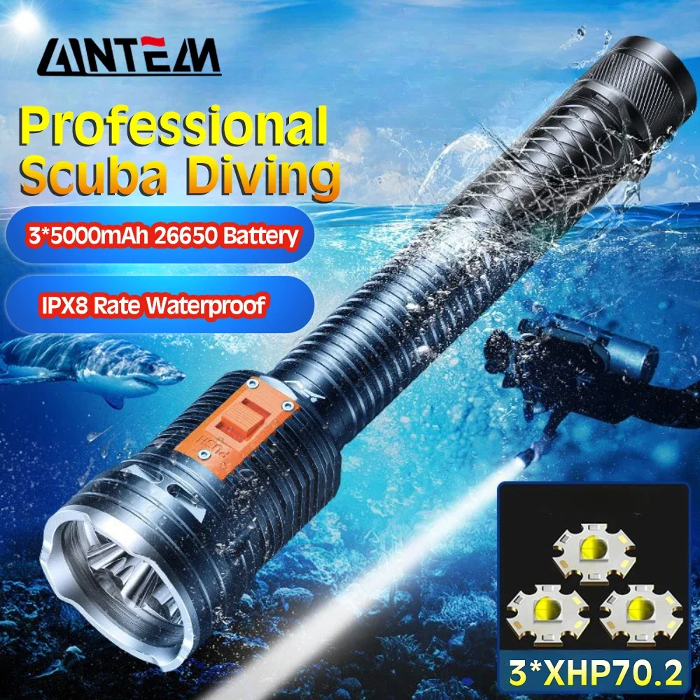 Professional 3*XHP70 LED Scuba Diving Flashlight with 3*26650 batteries IPX8 Waterproof Submarine 200M Underwater Dive Torch