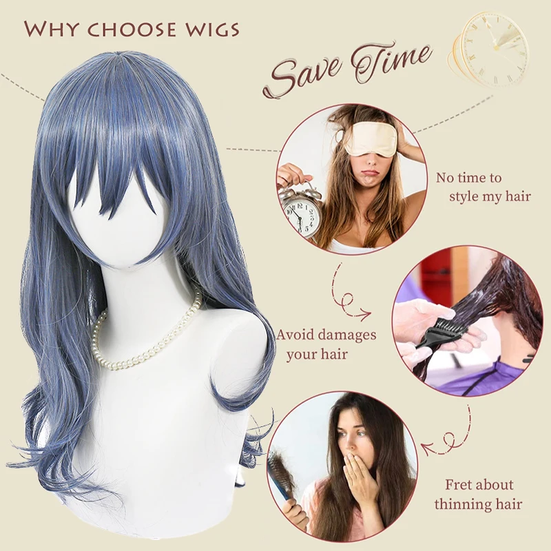 Asahi Rokka Cosplay Wig Blue Gray with Bangs Long Wavy Heat Resistant Synthetic Hair Simulation Scalp for Women Convention Party
