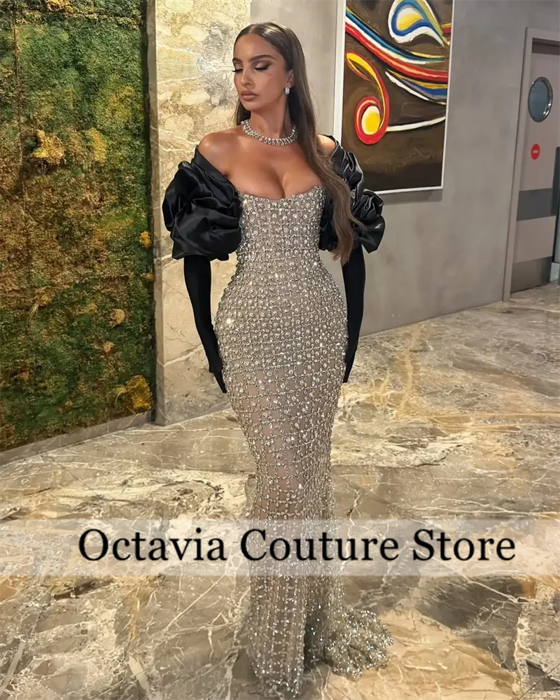 

Роскошные блестящие сексуальные черные платья для выпускного вечера для девочек 2025 с длинными рукавами без бретелек из бисера и бриллиантов Русалка женское вечернее платье по индивидуальному заказу