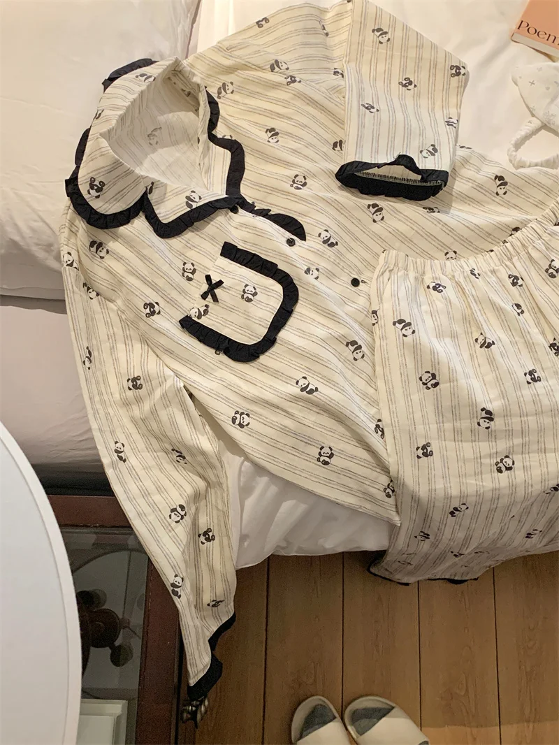 Korean Original Cute Cartoon Pure Cotton Long-sleeved Pajamas Summer New Sweet Girl Lace Print Striped Skin-friendly  Loungewear