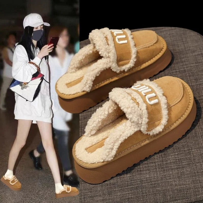 

Thick-Soled Furry Slippers for Women, Outdoor Wear, Fleece-Lined Loafers2025New autumn and winter closed-toe cotton slippers