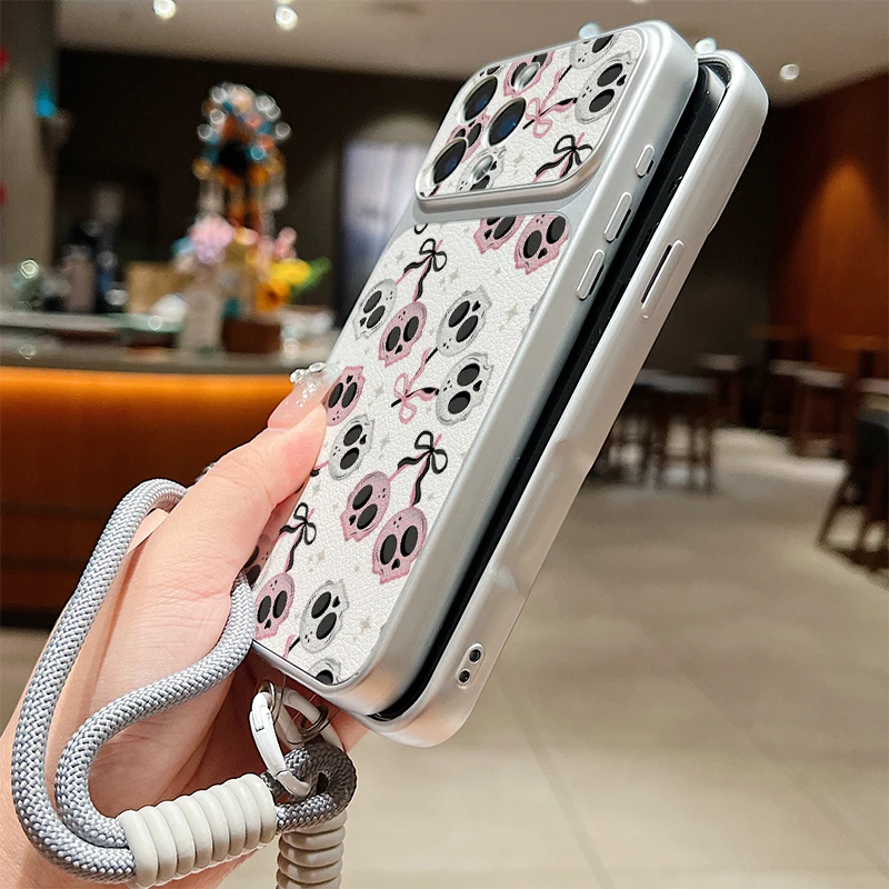 Leather Texture Phone Case For iPhone 17 Pro 16 15 14 13 Pro Max Skeleton Skull Pattern Wrist Strap Lanyard Soft TPU Matte Cover view 6