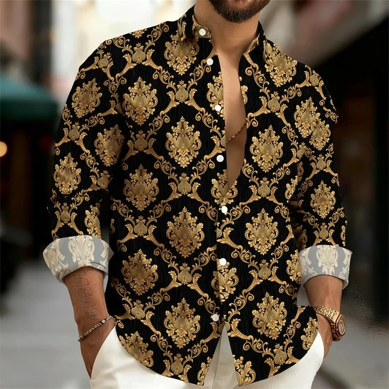 Baroque court print 3D men's long-sleeved shirt, stand-up collar design, luxurious retro style, versatile casual shirt.