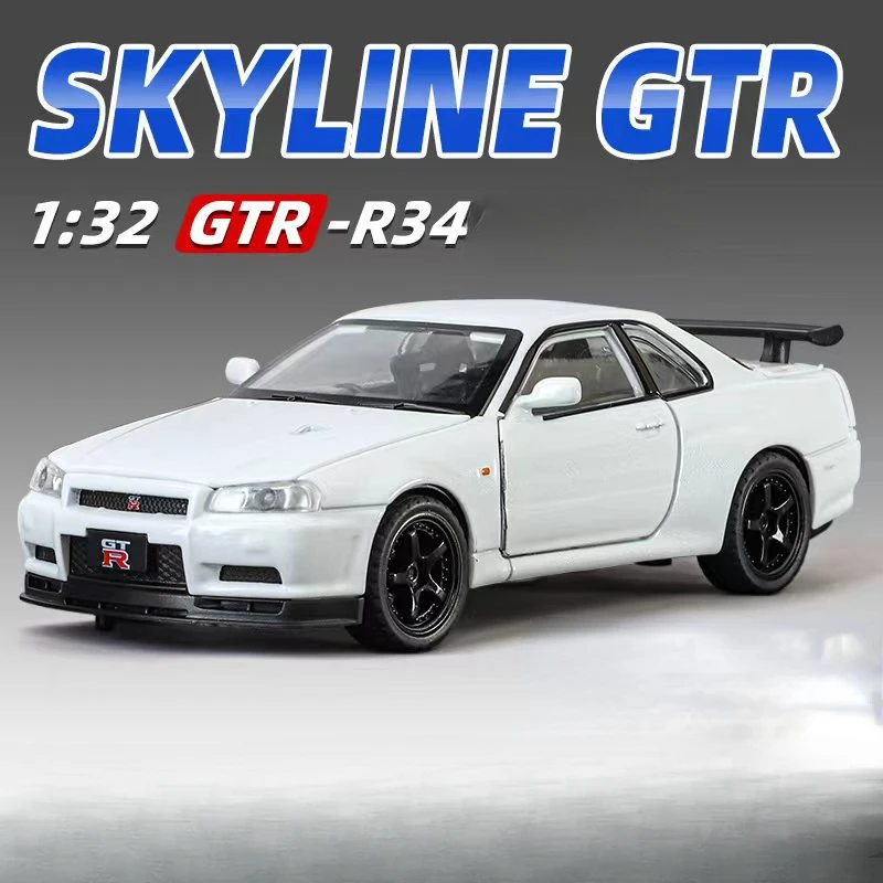 

Модель спортивного автомобиля из сплава 1:32 Nissan Skyline GTR-R34, литая металлическая игрушка, Модель гоночного автомобиля, искусственный звук, детский подарок