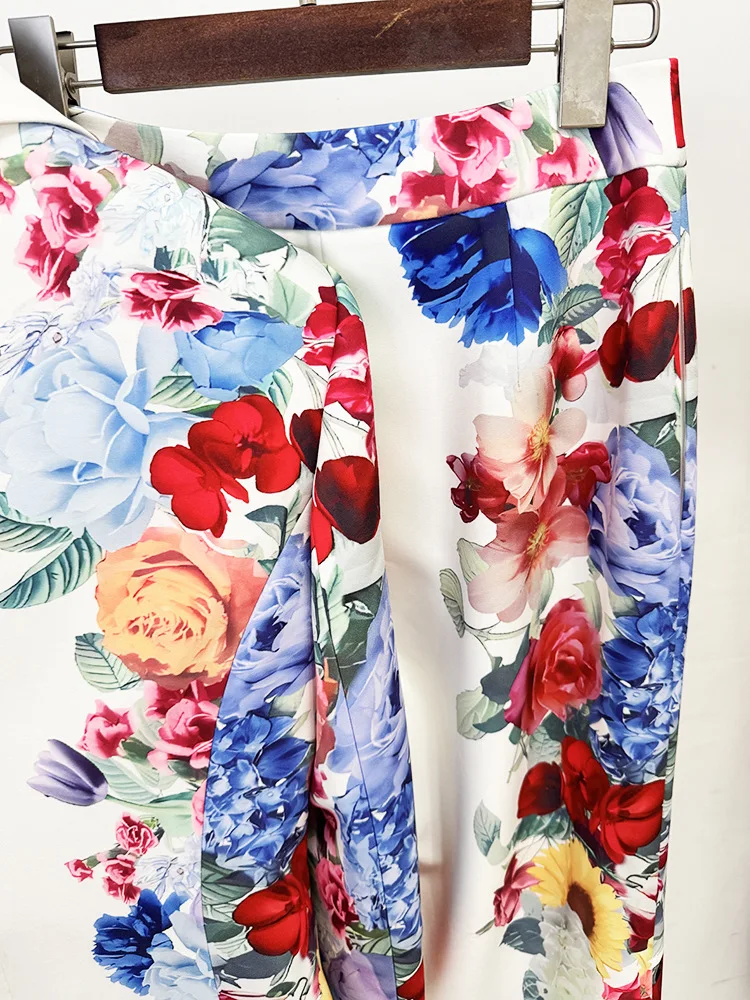 2025 Nieuwe Vrouwen Sexy Lange Mouw Print Bloemen Wit Twee Stukken Broek Bandage Set Celebrity Designer Mode Dames Set