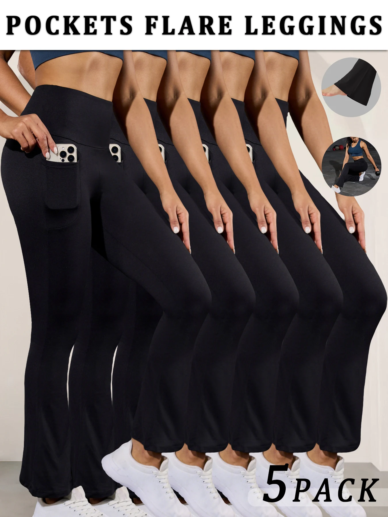 

3 Pack Women's Super Soft Flare with Pockets High Waisted Tummy Control Workout Yoga Push Up Gym Fitness Leggings Bell Bottoms