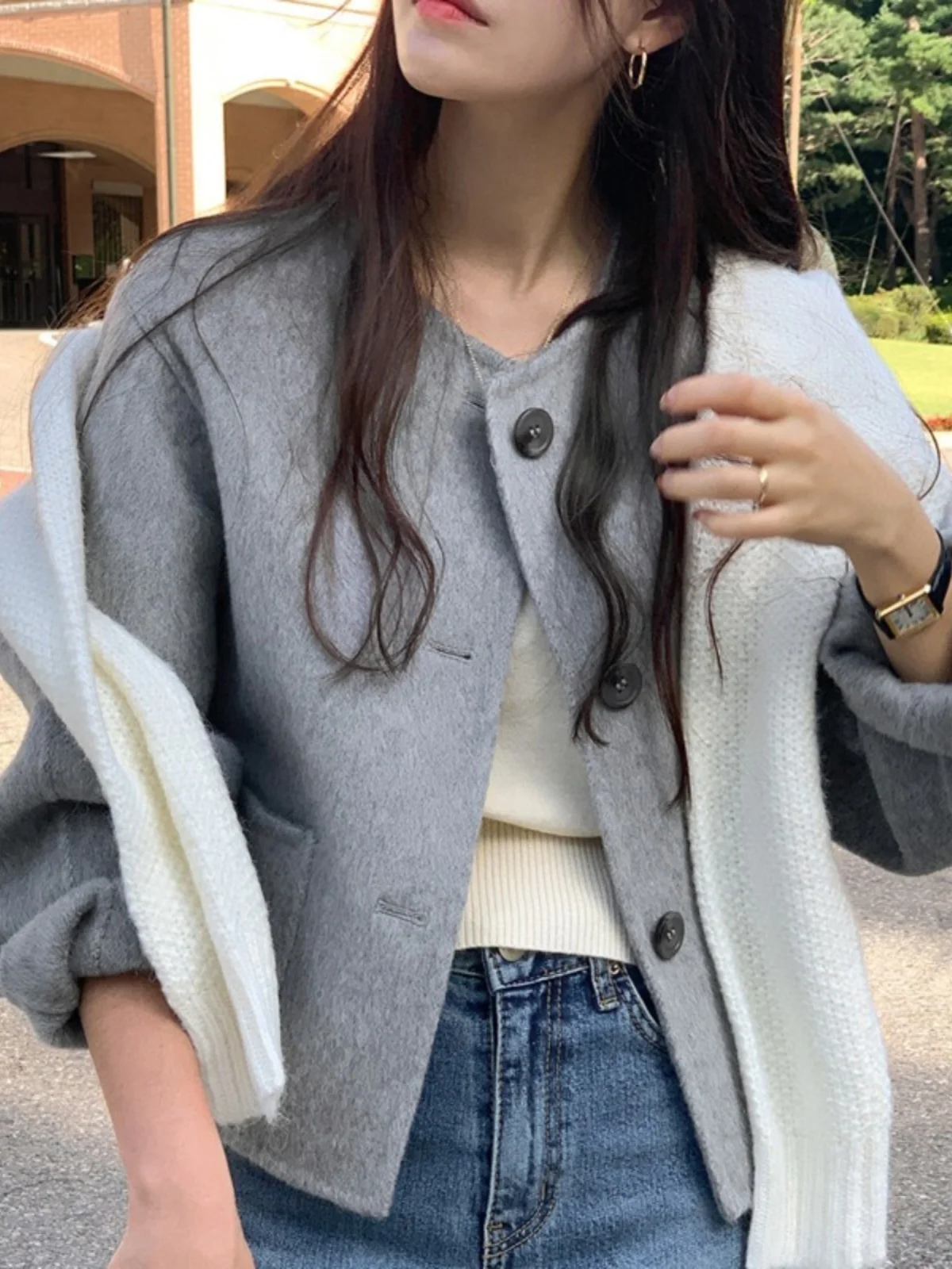 

Women's ort Woolen Coat round Ne Long Sve Ele Lady Aosphere Winter Outerwear Button Closure Casual Commute Sle