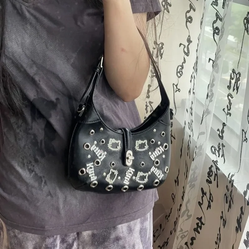 MBTI Y2k Hello Kitty Womens Shoulder Bag Gothic Black Fashion Vintage Handbag Leather Harajuku Designer Female Square Armpit Bag