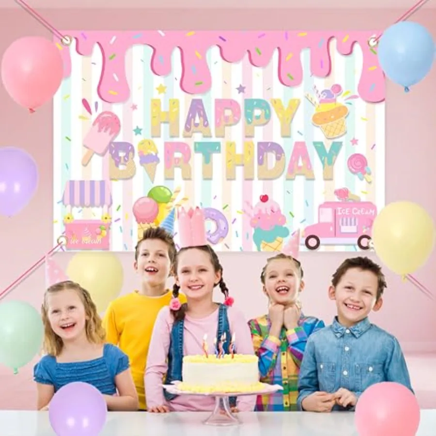 Décorations de fête d'anniversaire sur le thème de la crème glacée pour filles, Kit en arc de guirlande de ballons avec toile de fond joyeux anniversaire, fourniture complète de fête