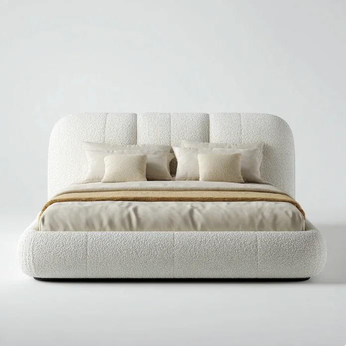 # White Teddy Fabric Headboard Gas Lift King Bed Frame Storage Modern Bedroom Set Furniture Hotel Bed
