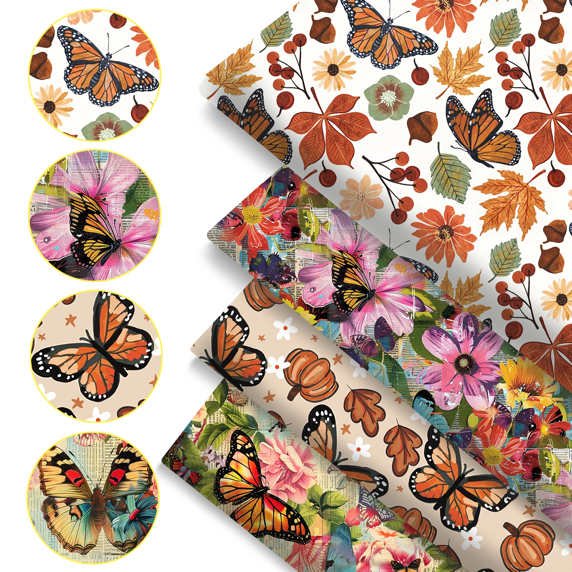 Pre-cut 4pcs/set Butterfly Leaves Print Fabric Packs17.7*19.7In/7.87*.87in Polyester Patchwork, Suitable