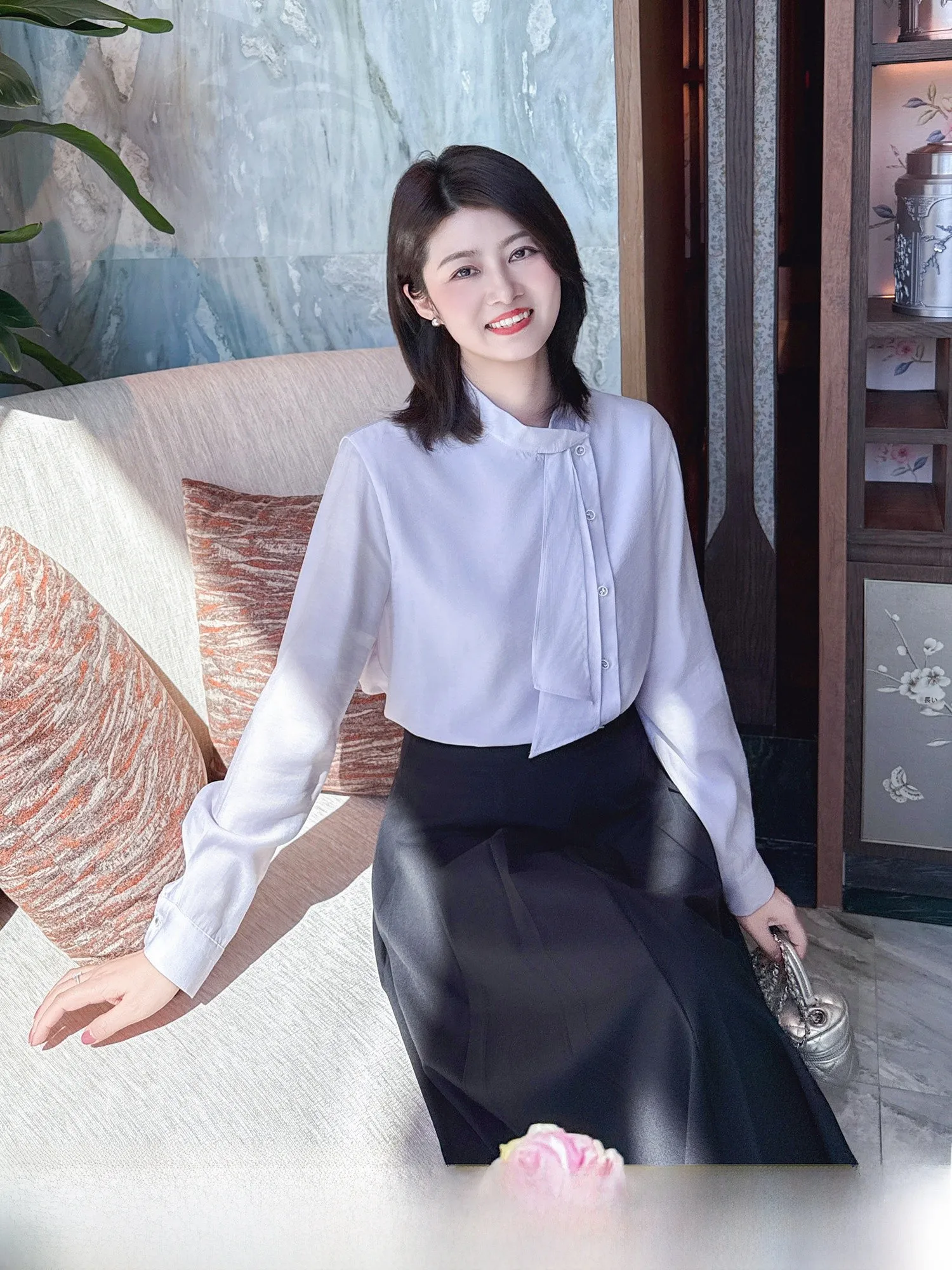 

Zillal Spring Commute Sle Long Sve Women's irt with Draped Ne Design Soft Mist Chiffon Comfortable Breathable Top