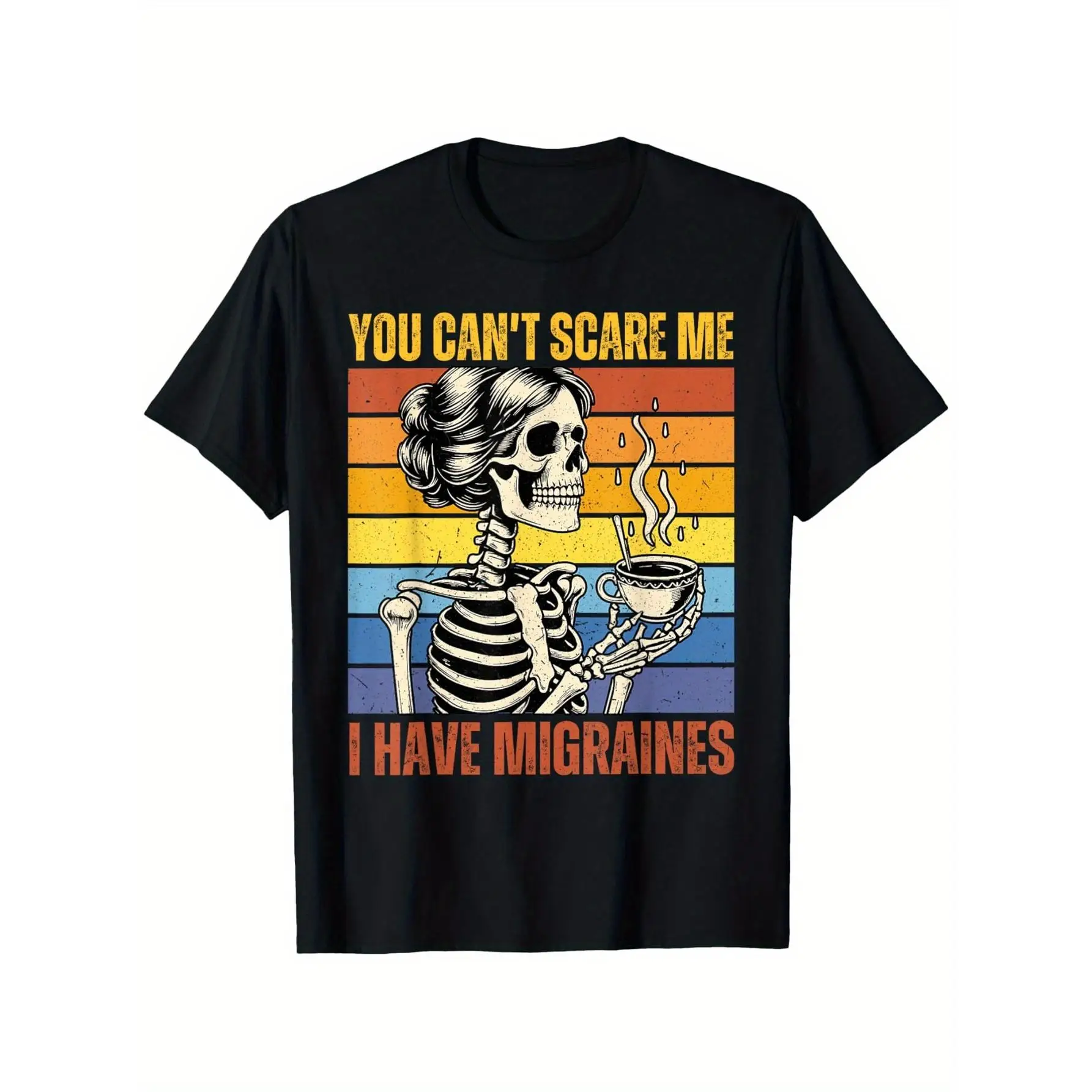 

Funny Skeleton Coffee Graphic T-Shirt Unisex You Can’t Scare Me I Have Migraines Retro Cotton Tee for Halloween or Gift