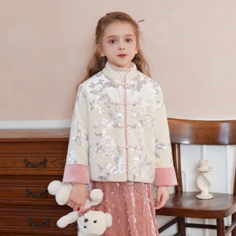 

Girls' New Chinese Style Cotton Jacket Winter New Children's Velvet Warm Cotton Jacket Children's New Year Outfit