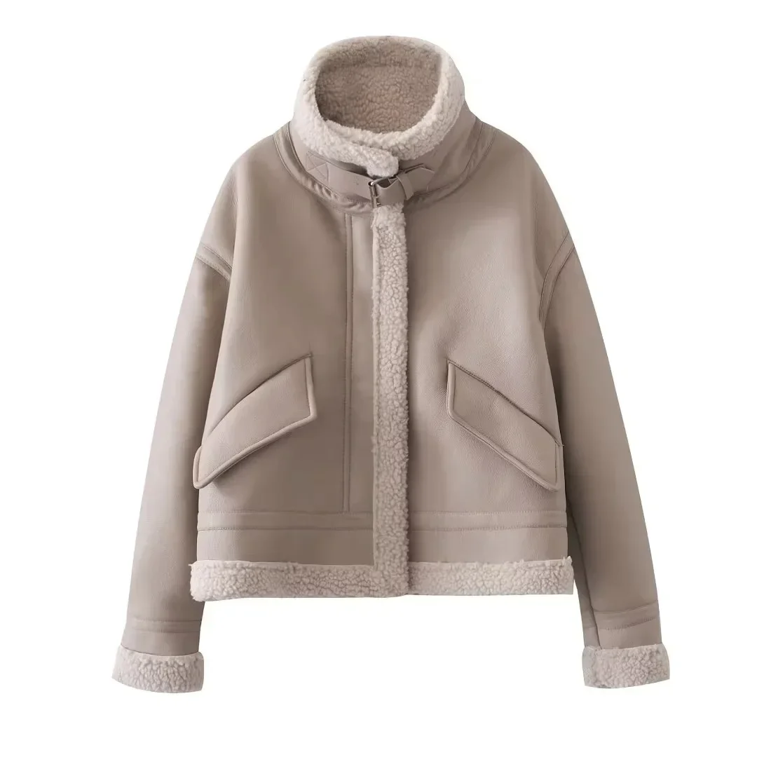 Cappotto da donna in shearling in ecopelle caldo e spesso alla moda, cappotto vintage a maniche lunghe con patta e tasca, capispalla femminile, top chic