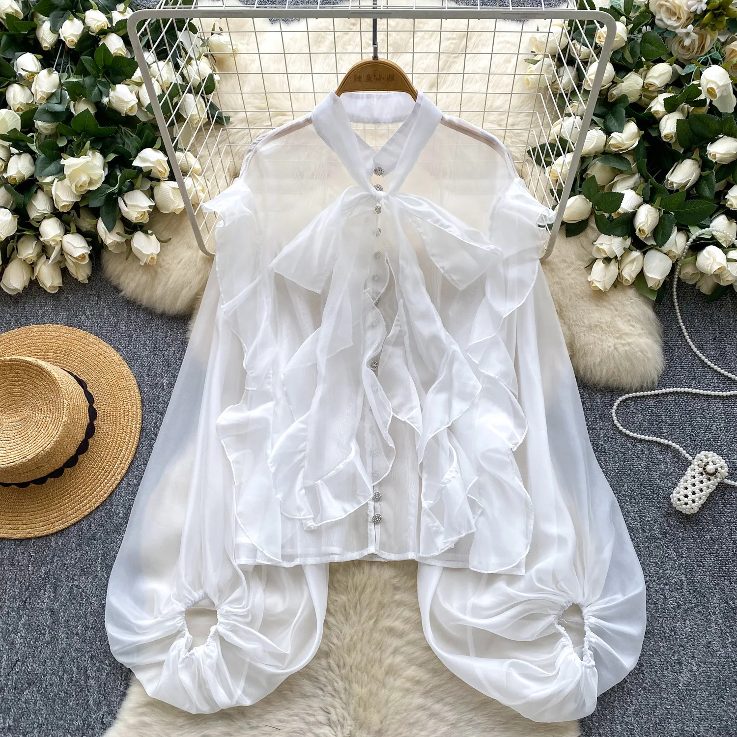 Women Ruffle Hem Shirt Sheer Mesh Shirts Solid Lace Up Long Puff Sleeves Round Neck Loose Fit Office Lady Casual 2025 Summer