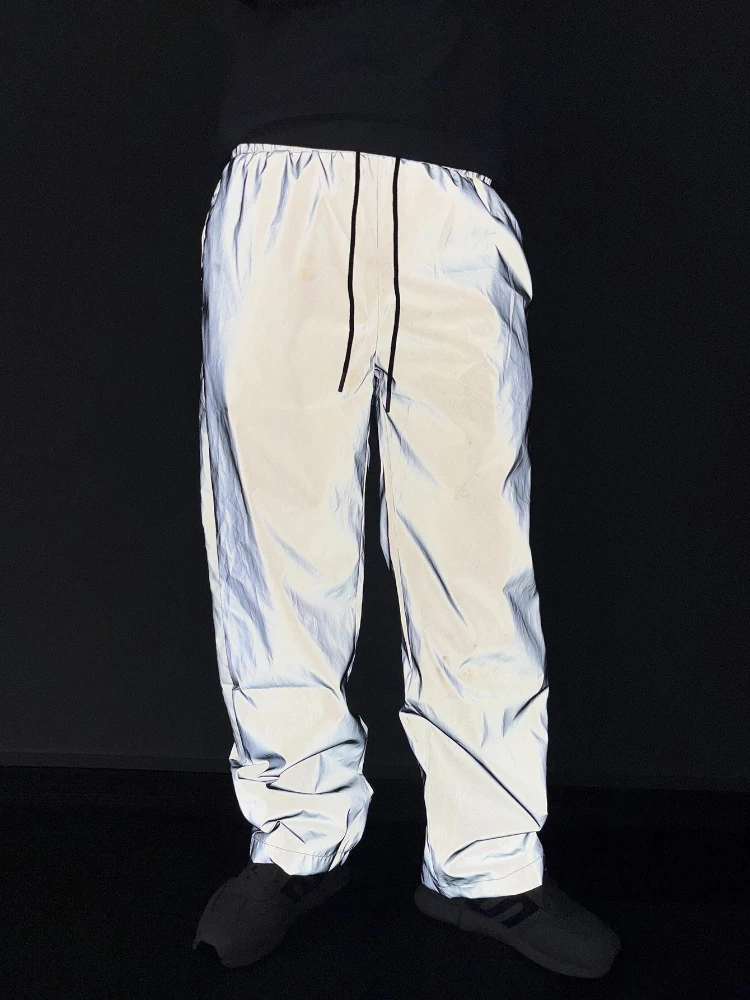 Men Reflective Sweatpants Loose Straight Casual Jogger Pants Hip Hop Trendy Sports Cycling Safety Stripe Daily Wear Trousers