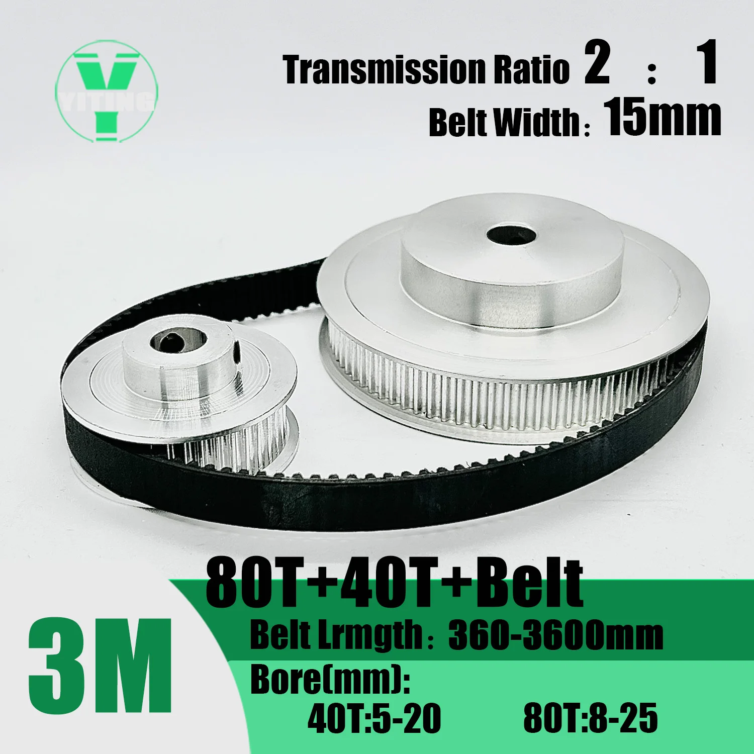 

HTD3M 40T 80Teeth Timing Pulley Belt Set Belt Width 15mm Bore 5~25mm Reduction 2:1 Deceleration 3M Pulley Kit Synchronous Wheel