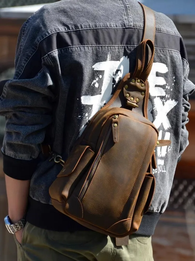 Vintage Mens Cowhide Genuine Leather Chest Bag Large Capacity Outside Travele Bag Motorcycle Strap Crossbody Shoulder Bags